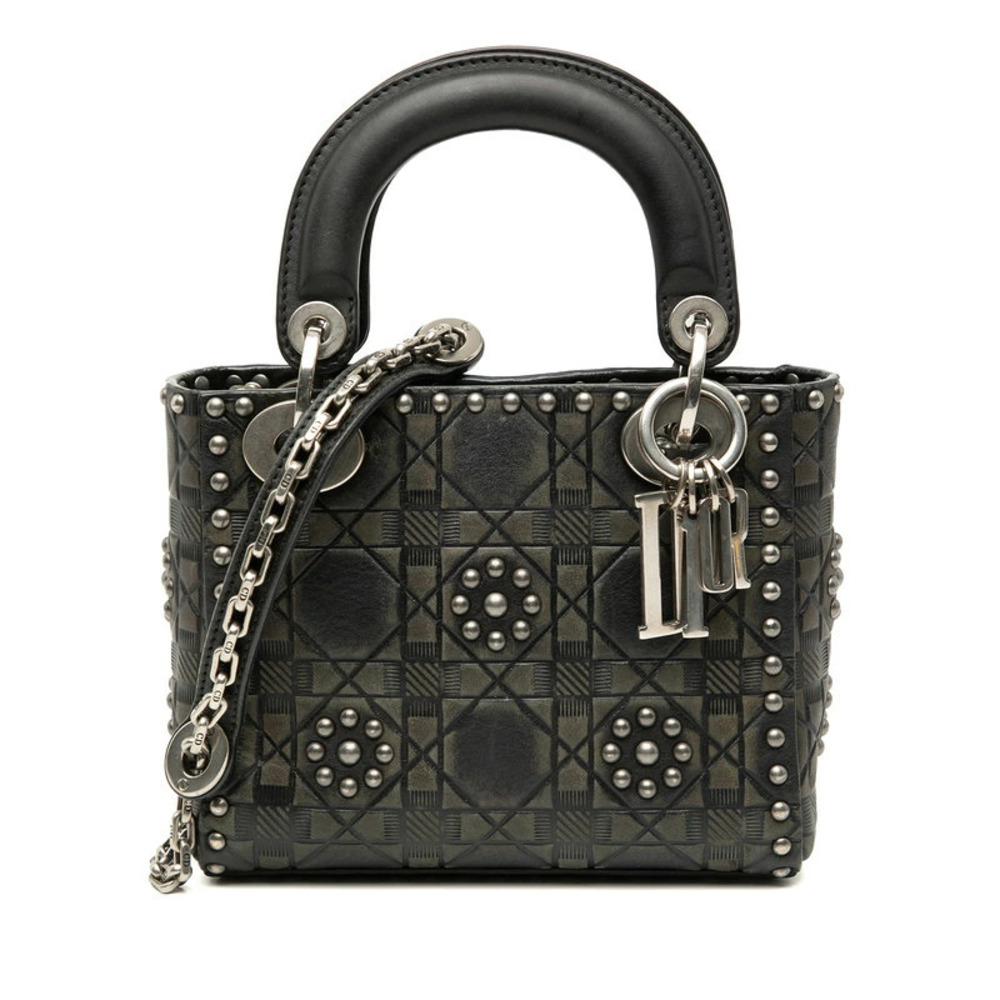 Dior Cannage Lady Studded Handbag Chain Shoulder Bag Black Leather